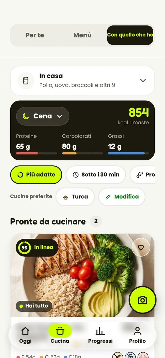 La schermata Con quello che ho dell'app: cosa c'è nella tua cucina e le ricette che puoi preparare.