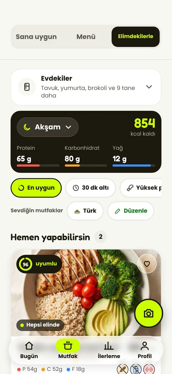 Uygulamanın Elimdekilerle ekranı: mutfağındakiler ve onlarla yapabileceğin tarifler.