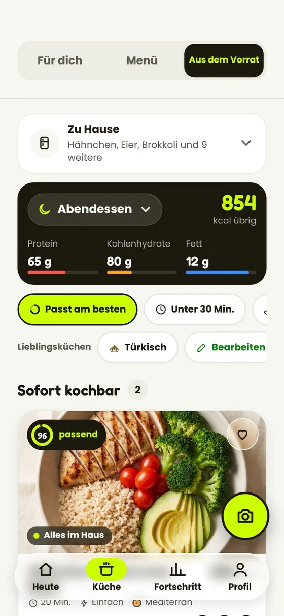 Der Bildschirm „Aus dem Vorrat“ der App: was in deiner Küche ist und welche Rezepte du damit kochen kannst.