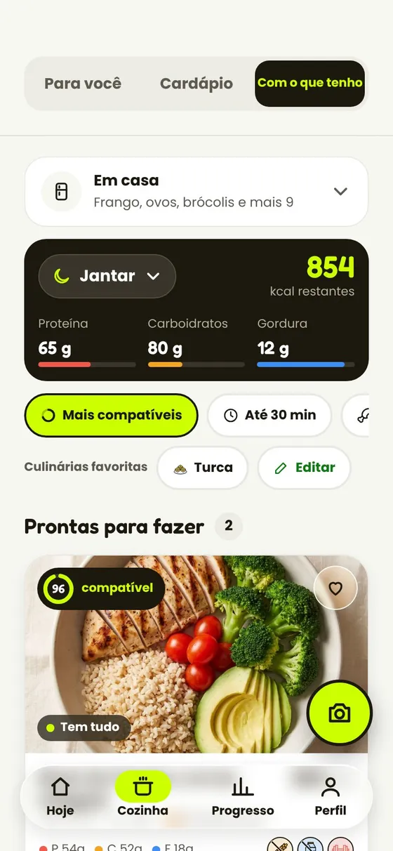 A tela Com o que tenho do app: o que há na sua cozinha e as receitas que dá para fazer.