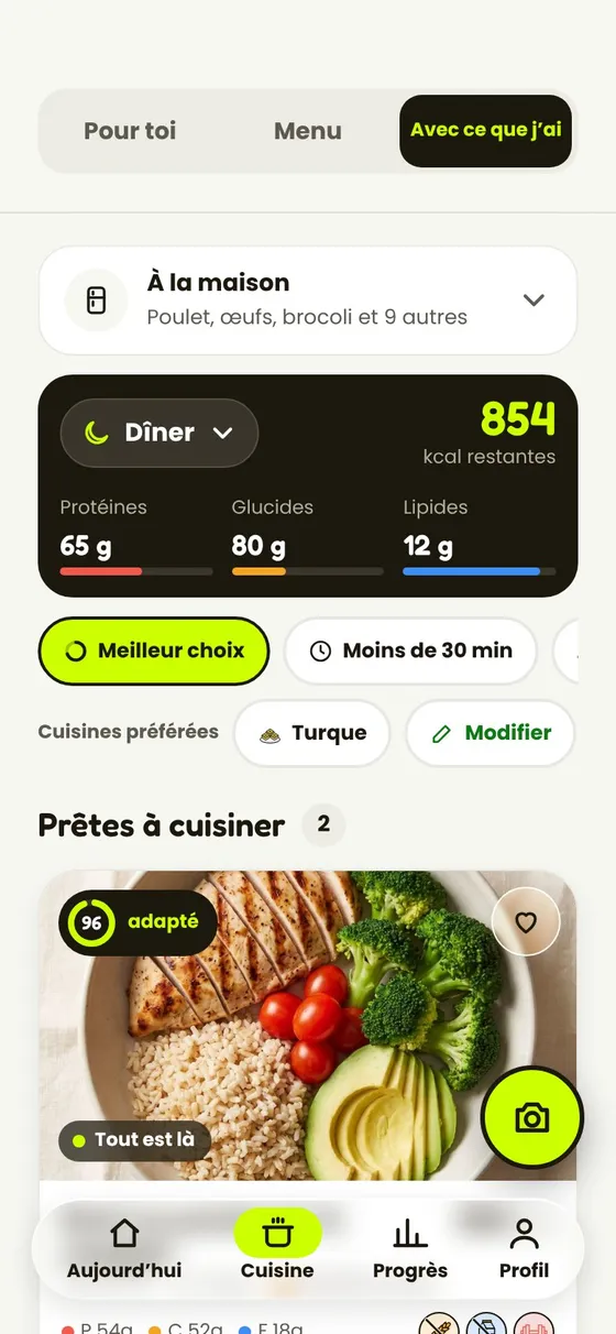 L’écran Avec ce que j’ai de l’app : ce qu’il y a dans ta cuisine et les recettes à faire avec.