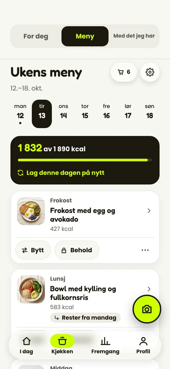 Appens ukemeny: dagens måltider med kalorier, hvert med Bytt og Behold.