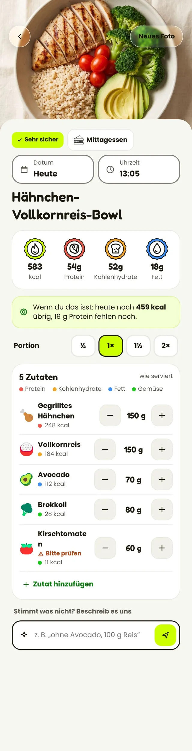 Scan-Ergebnis: Hähnchen-Vollkornreis-Bowl, 583 kcal, fünf Zutaten mit Kalorien und Makros