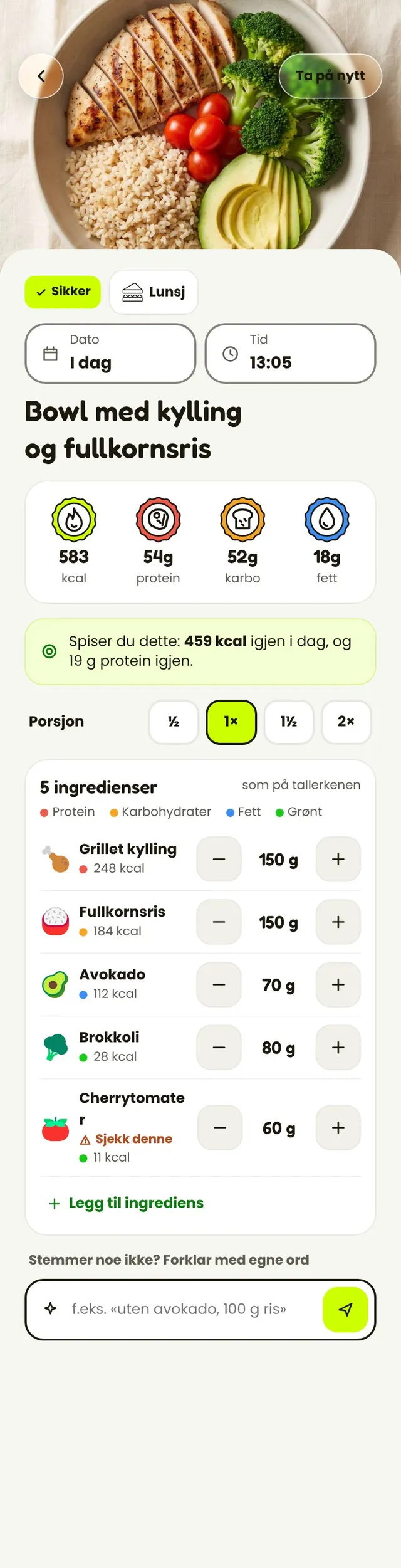 Skanneresultat: bowl med kylling og fullkornsris, 583 kcal, fem ingredienser med kalorier og makroer