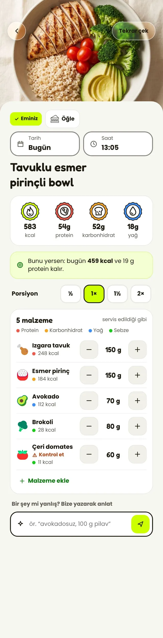 Tarama sonucu: tavuklu esmer pirinçli bowl, 583 kcal, kalorisi ve makrolarıyla beş malzeme