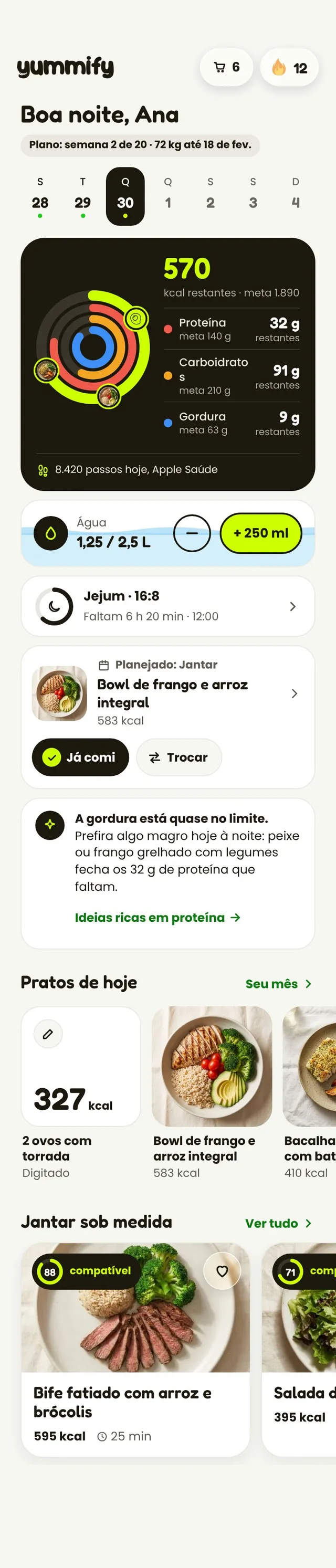 Hoje: restam 570 kcal e 32 g de proteína, com os pratos do dia