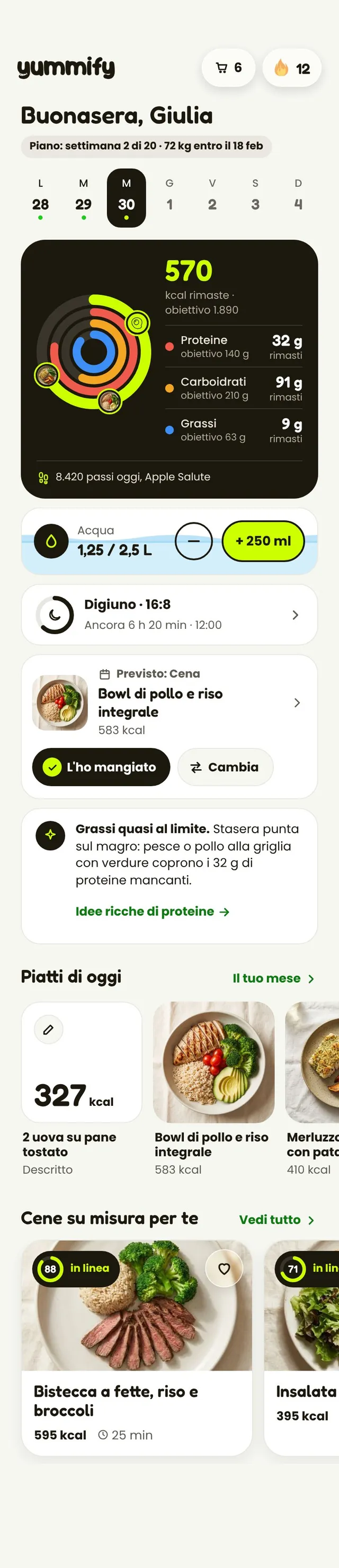 Oggi: restano 570 kcal e 32 g di proteine, con i piatti di oggi