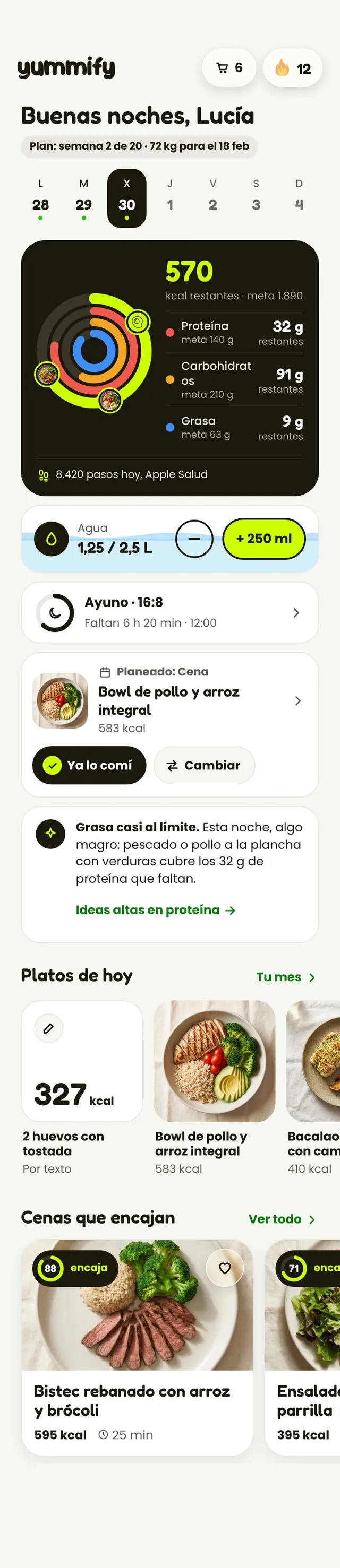 Hoy: quedan 570 kcal y 32 g de proteína, con los platos de hoy
