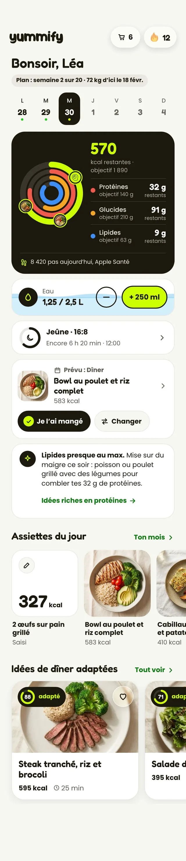 Aujourd’hui : 570 kcal et 32 g de protéines restantes, avec les assiettes du jour